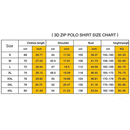 3D Zip Polo Shirt Size Chart with measurements in cm and inches.