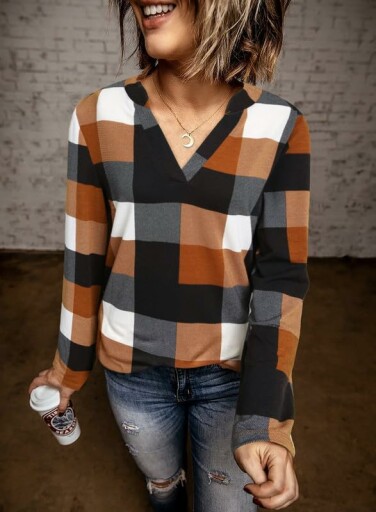 Dokotoo Women's V Neck Plaid Print Blouse in a stylish setting.