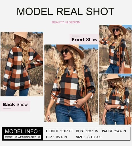 Woman wearing Dokotoo Women's V Neck Plaid Print Blouse, showcasing its style.