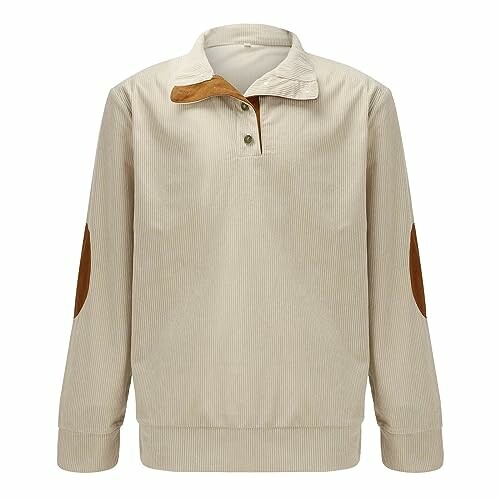 Beige collared sweatshirt with brown elbow patches.