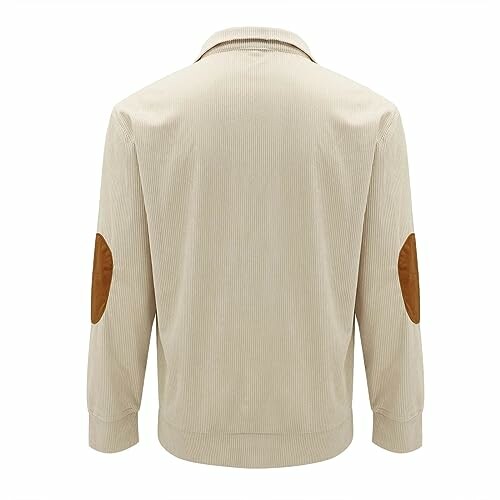 Back view of a beige jacket with elbow patches.