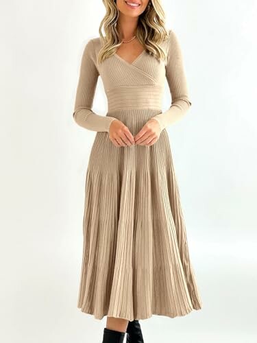 Woman wearing a beige knit midi dress with long sleeves.
