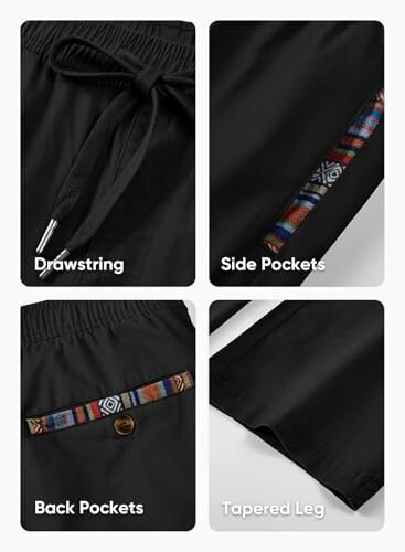 Black shorts with drawstring, side and back pockets, and tapered leg.