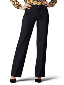 Woman wearing black dress pants with a patterned top.
