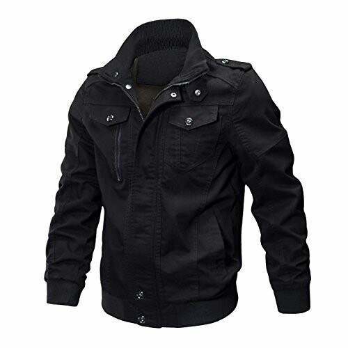 Black military-style jacket with multiple pockets and buttons