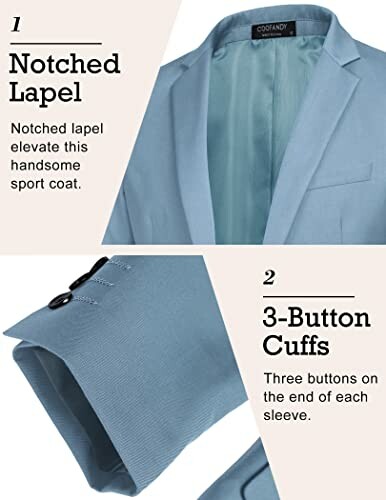 Blue sport coat with notched lapel and 3-button cuffs.