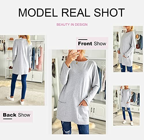 Model wearing a gray tunic with front and back views.