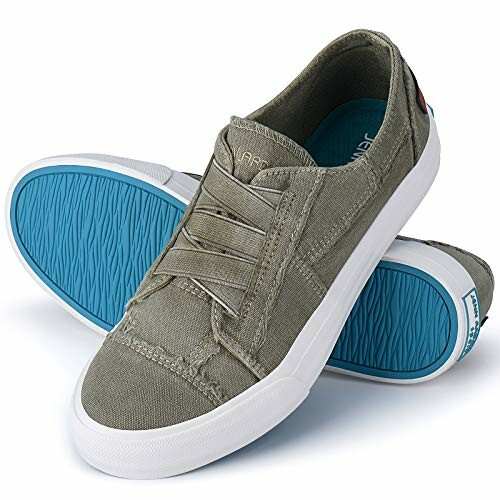 Casual green slip-on sneakers with blue soles.