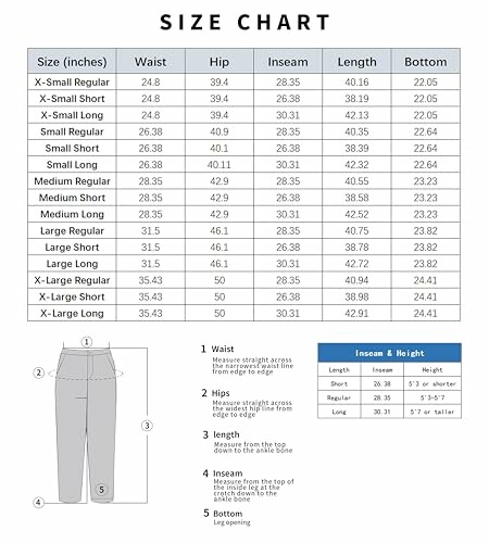 Clothing size chart with measurements for waist, hip, inseam, length, and bottom.