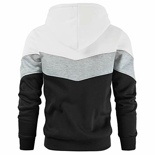Back view of a color-block hoodie with white, gray, and black sections.