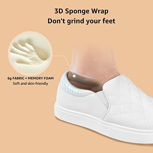 White sneaker with 3D sponge wrap and memory foam for comfort.