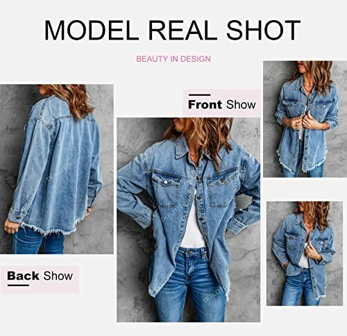 Model wearing a denim jacket with front and back views