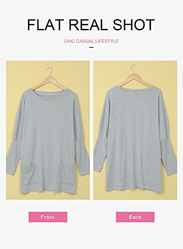 Gray long sleeve shirt front and back view on hangers