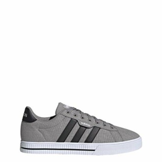 Gray sneaker with black stripes and white sole.