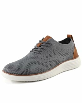 Grey knit casual shoe with white sole and brown accents.