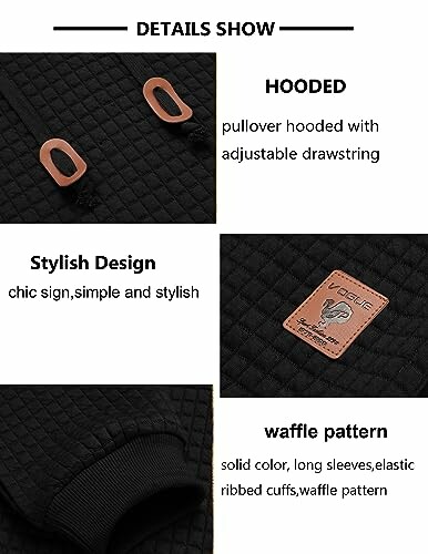 Details of hooded pullover with adjustable drawstring, stylish design, and waffle pattern.