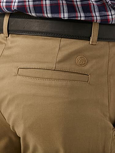 Close-up of khaki pants back pocket with belt.