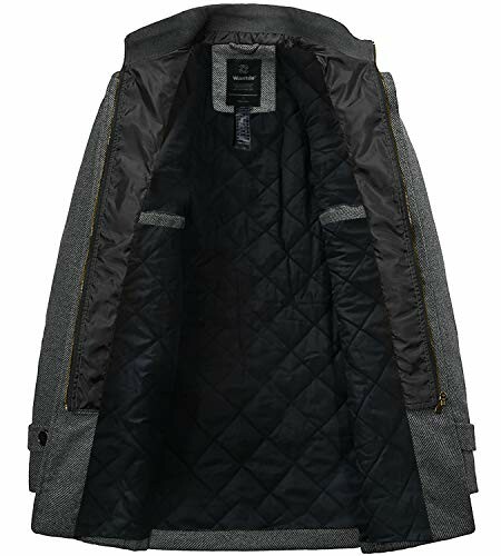 Open grey wool coat showing quilted interior lining.
