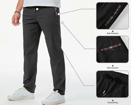 Men's black casual pants with side and back pockets, drawstring waist.