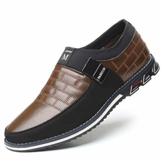 Men's casual slip-on loafers with brown and black design.