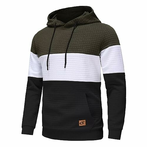 Men's colorblock hoodie with olive, white, and black sections.