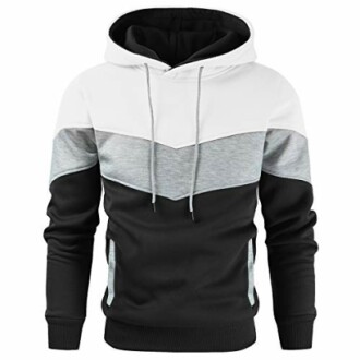 Men's hoodie with white, grey, and black color blocks.