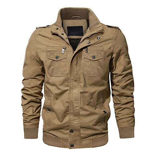 Men's khaki jacket with multiple pockets and zipper.