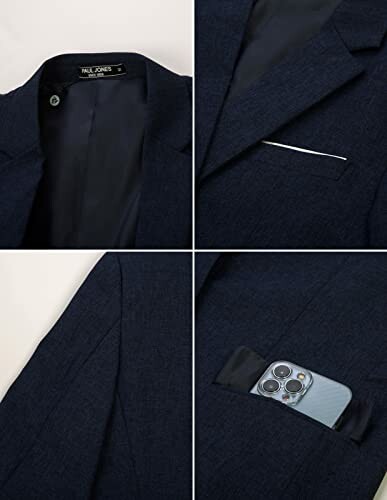 Navy blazer with pocket square and smartphone in pocket