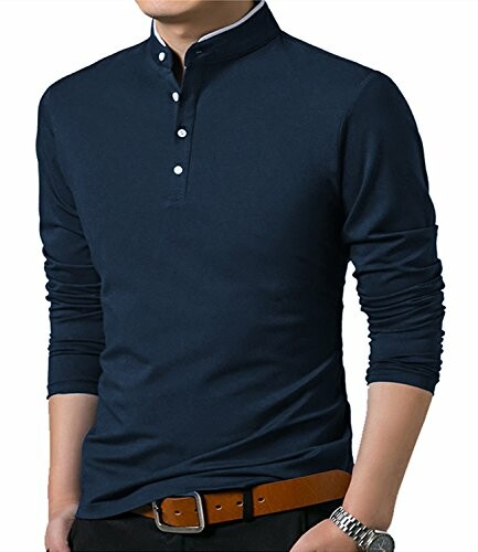 Man wearing navy blue mandarin collar shirt with long sleeves.