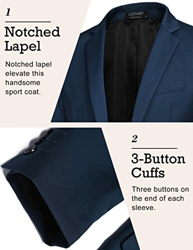 Notched lapel sport coat with 3-button cuffs.