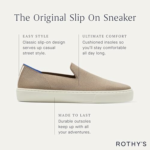 Rothy's original slip-on sneaker with descriptions of style, comfort, and durability.