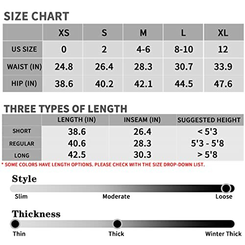 Clothing size chart with measurements and style options