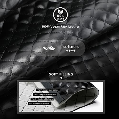 Black vegan faux leather with quilted pattern and softness rating.