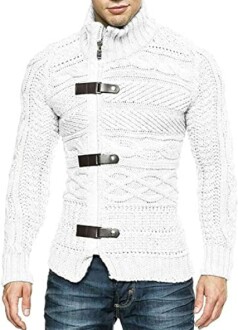 White cable knit sweater with buckle closures