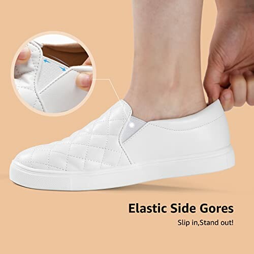 White slip-on sneaker with elastic side gores.