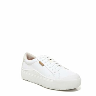 White sneaker with a thick sole and lace-up design.