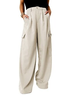 Person wearing beige wide-leg cargo pants with pockets