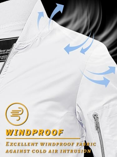 White windproof jacket with airflow graphics and zipper details.