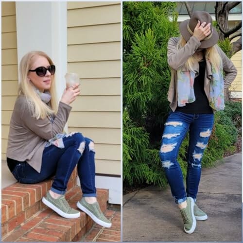 Woman in casual outfit with ripped jeans, jacket, and sneakers