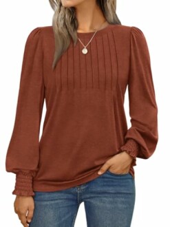 Woman wearing a brown blouse with pleated design and long sleeves.