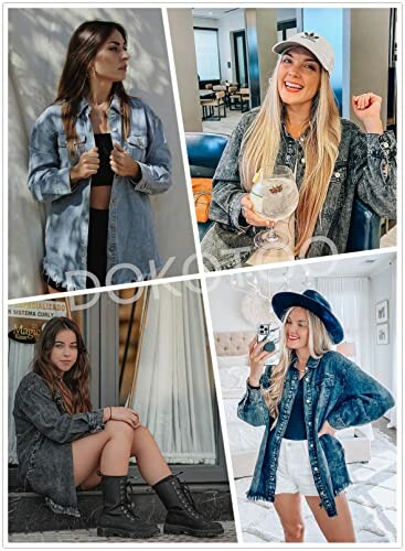 Four women wearing denim jackets in various settings.